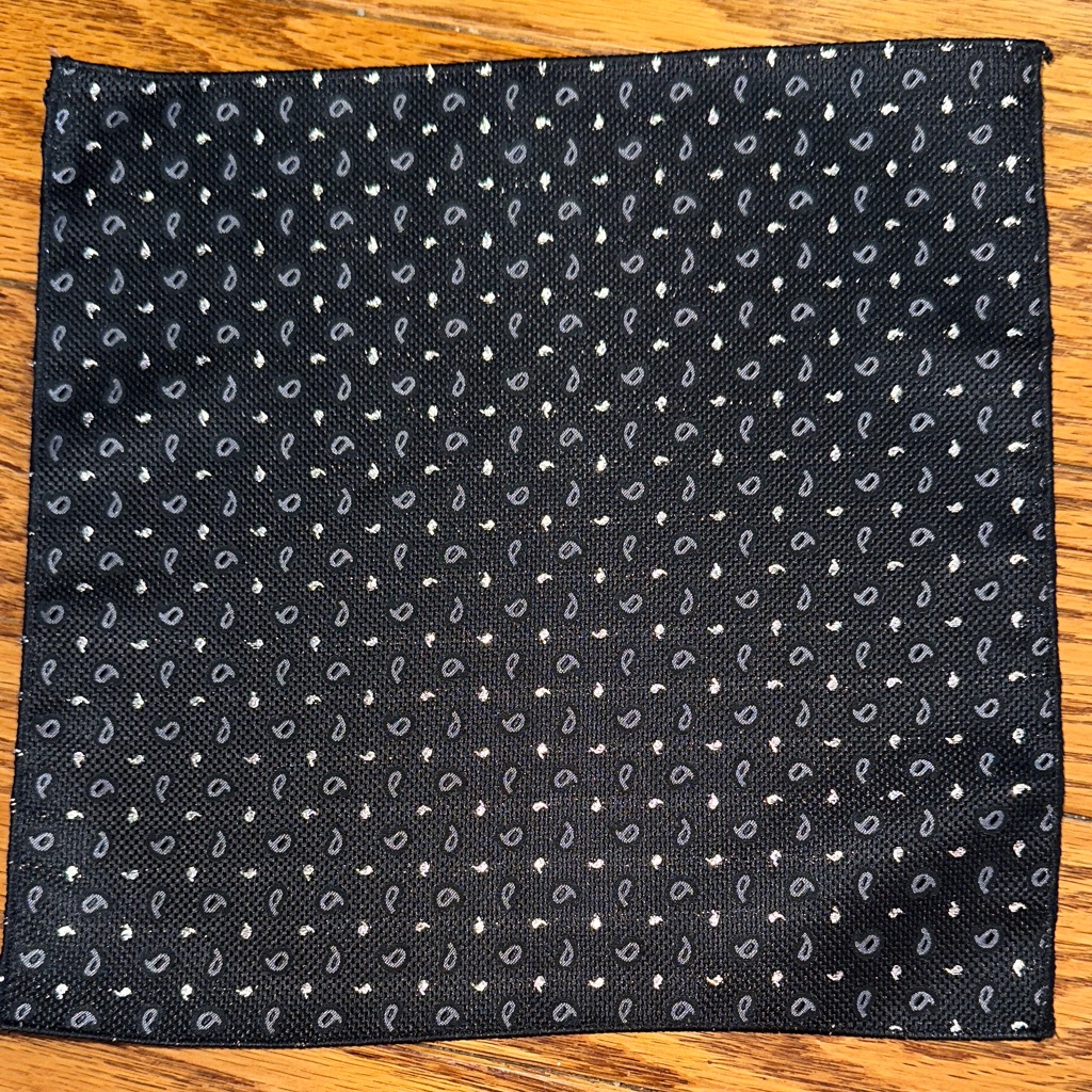 Brand New Black  White Paisley Pocket Square With Silver Metallic Thread